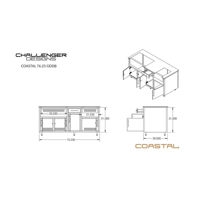 Challenger Coastal Series 76" Kitchen Island - COGI-76.25-GDDB 1