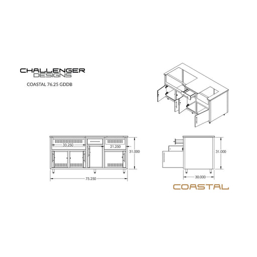 Challenger Coastal Series 76" Kitchen Island - COGI-76.25-GDDB 1